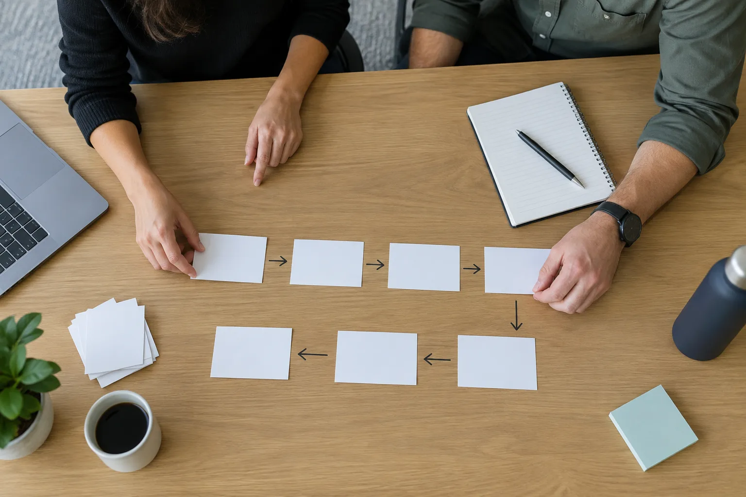 Des mains organisent des cartes vierges pour représenter les étapes d’une demande au travail.