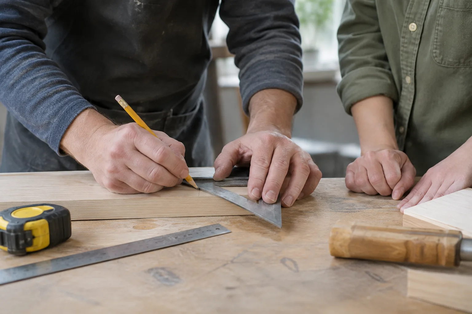 Une personne montre un geste de travail à un collègue, les mains et les outils au premier plan.