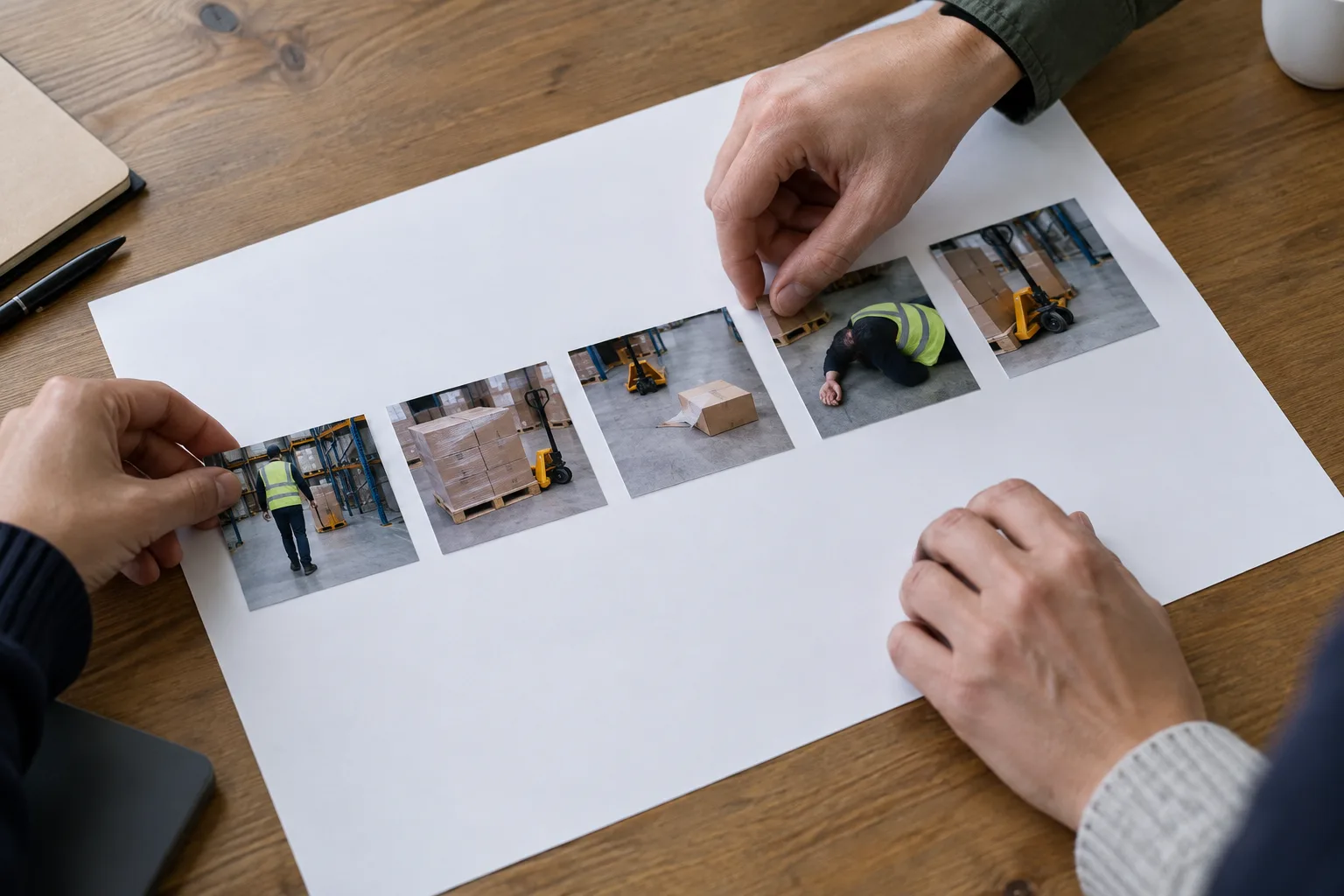 Des mains replacent des cartes sans inscription dans l’ordre sur une feuille blanche.