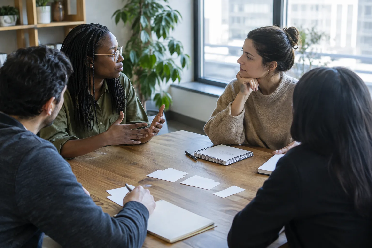 Des collègues réunis autour d’une table pour échanger sur une nouvelle pratique de travail.