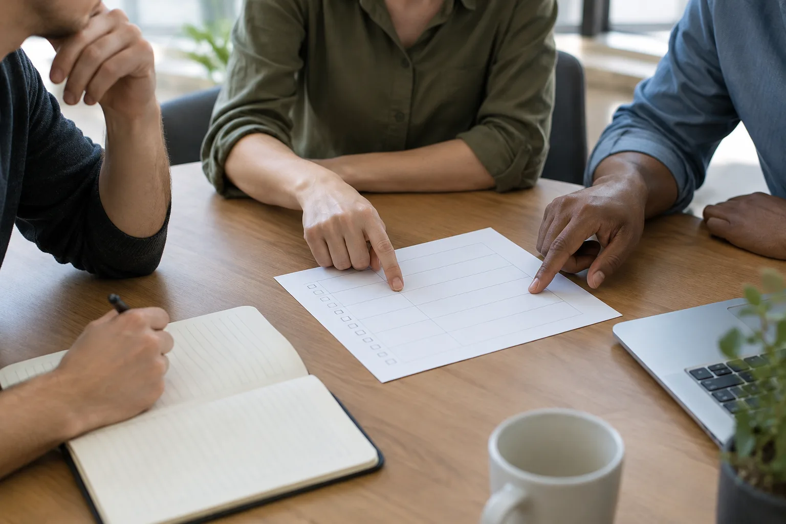 Une équipe choisit une situation de travail à tester autour d’une feuille de suivi.