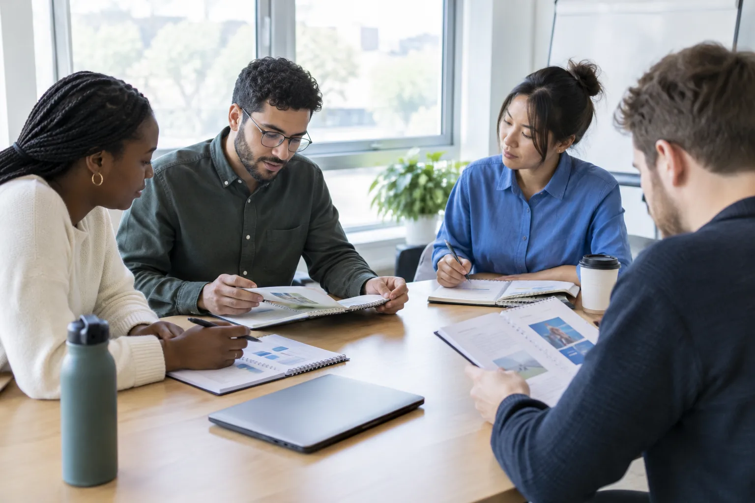 Des collègues échangent autour de supports de travail après une formation.