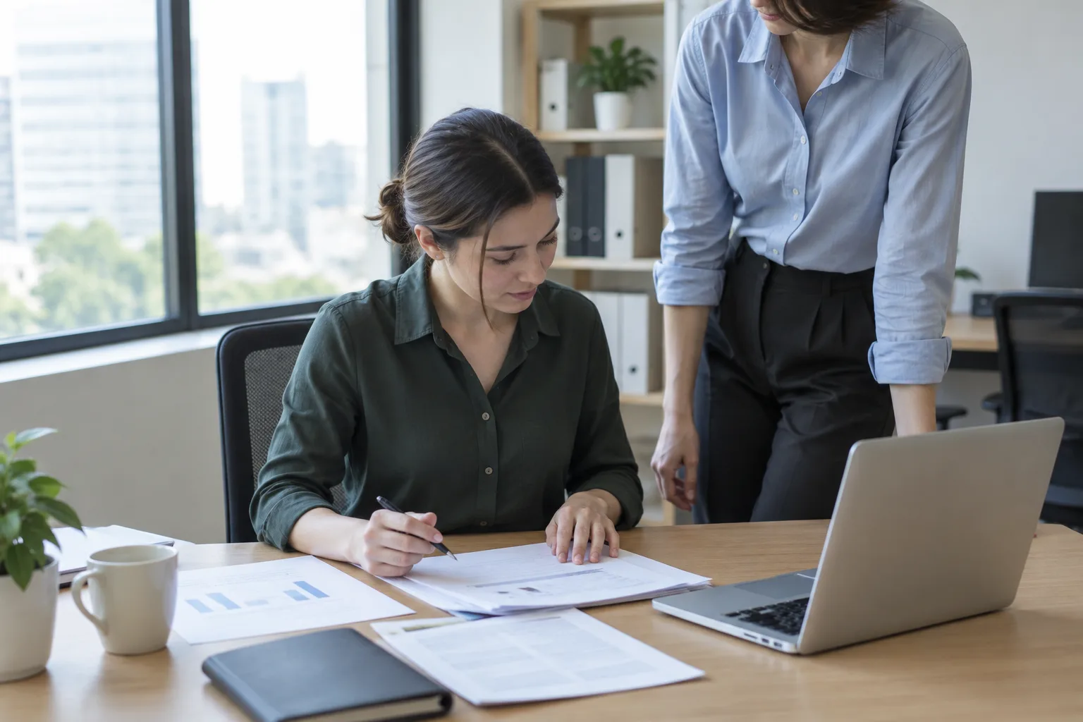 Une personne teste une nouvelle façon de travailler à son bureau, avec un collègue à proximité.
