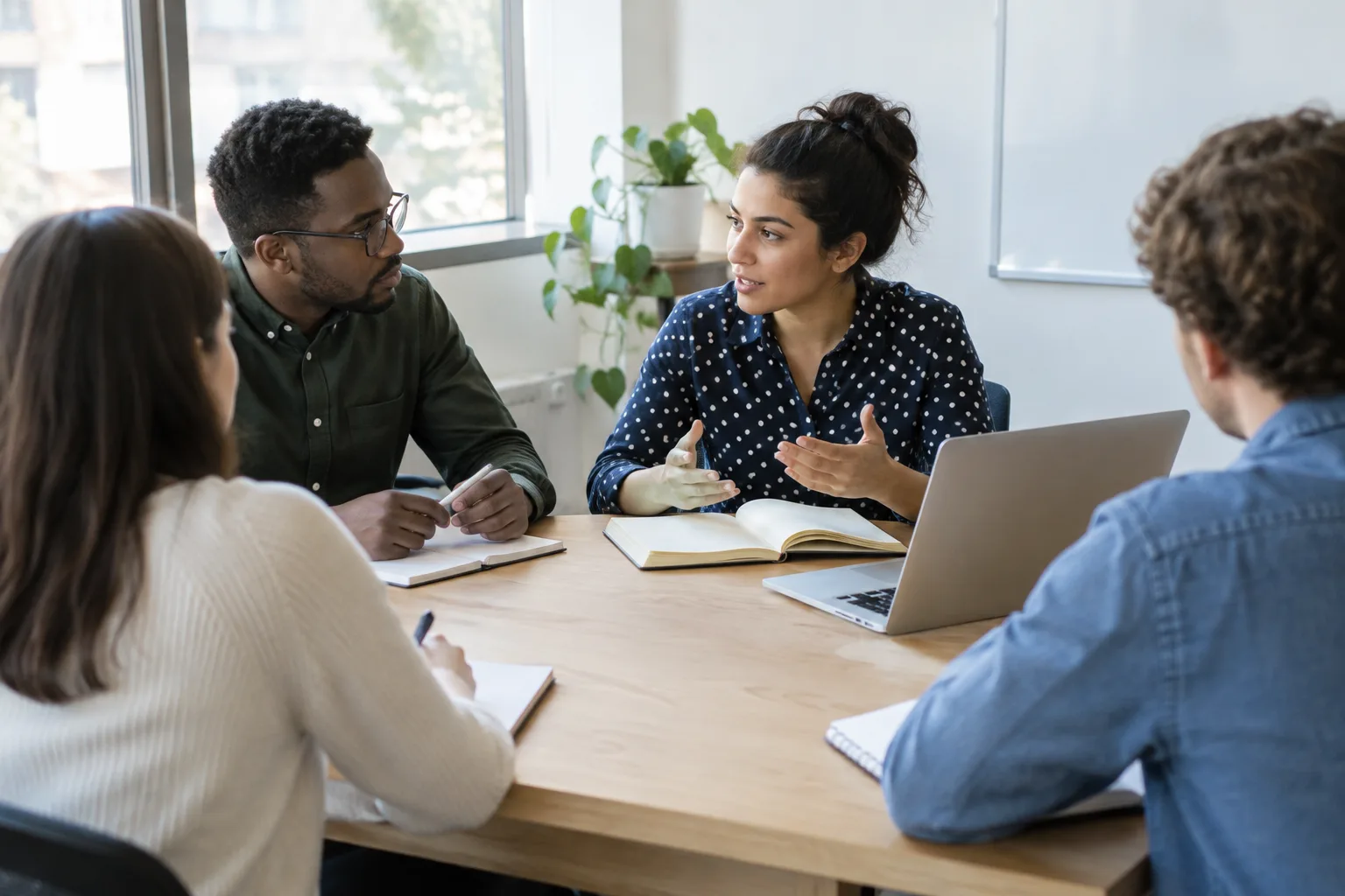 Des collègues échangent autour d’un apprentissage à mettre en pratique dans leur travail.