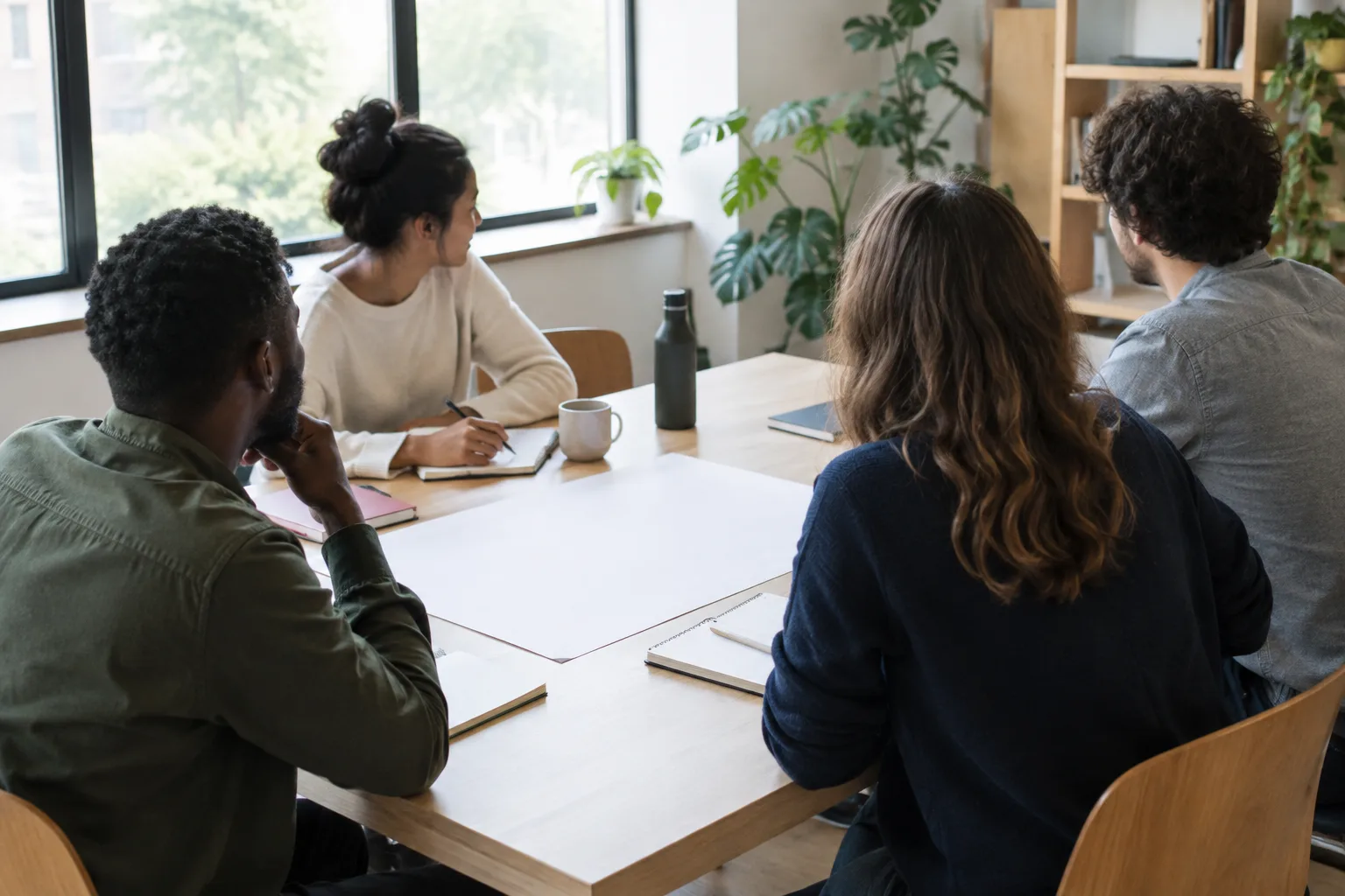 Des collègues réunis autour d’une table consultent des notes après un échange de travail.
