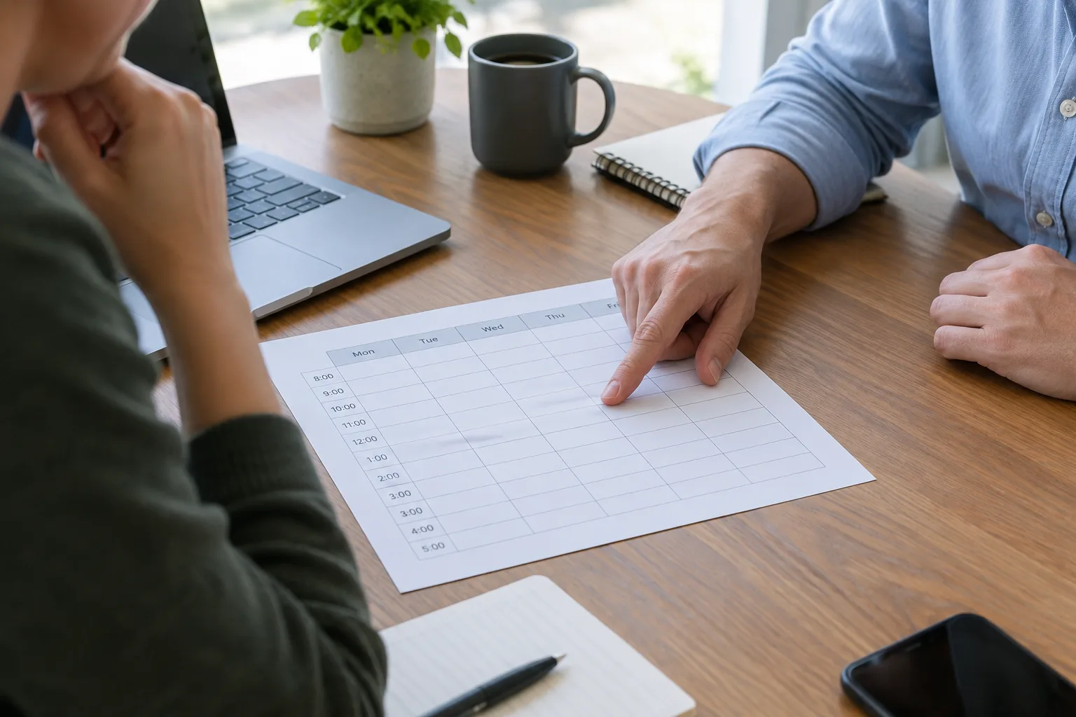 Des collègues examinent ensemble un planning pour choisir un créneau de travail concentré.