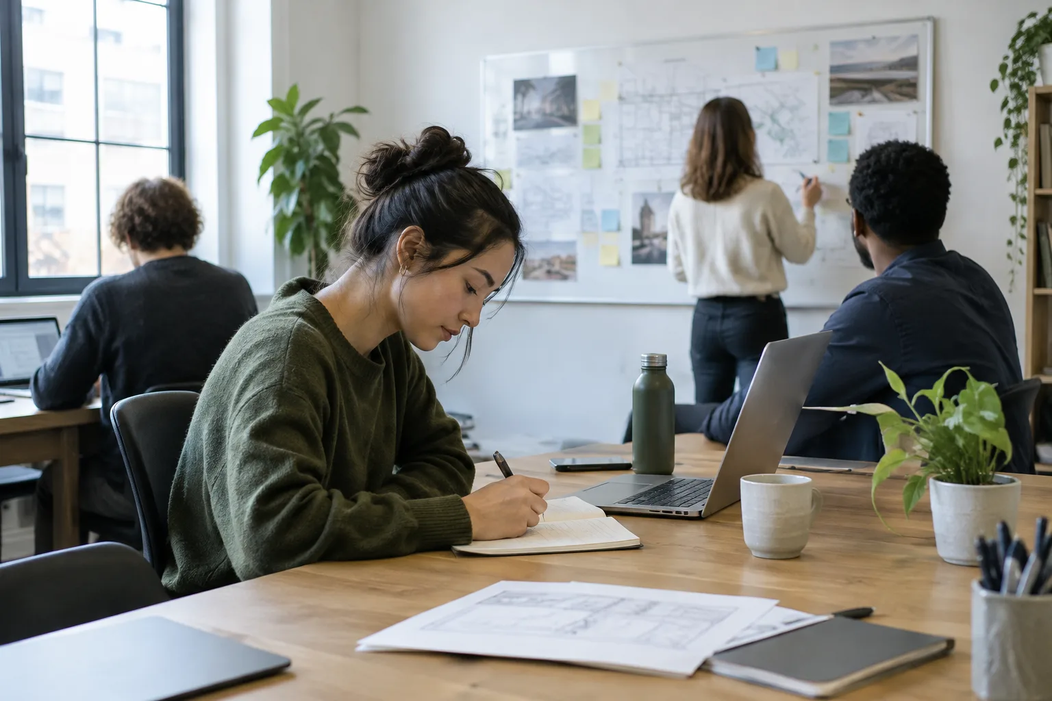 Des collègues travaillent dans le calme autour d’une table, chacun avançant sur une tâche différente.