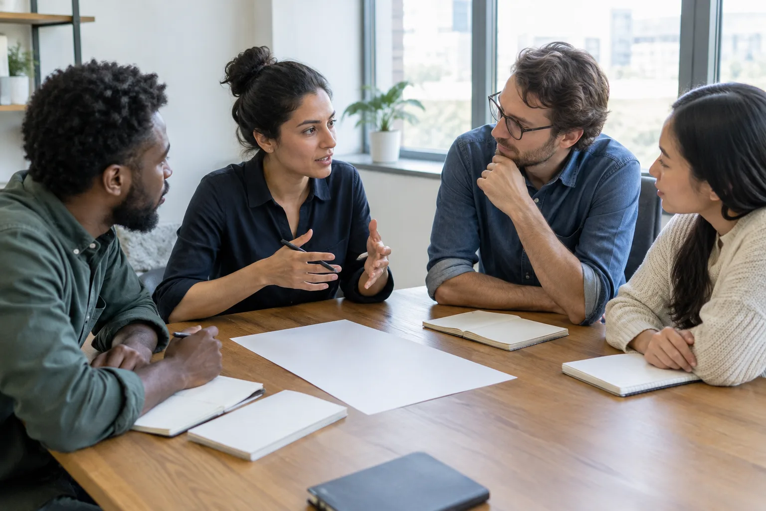 Des collègues discutent autour d’une table à partir d’une situation de travail.