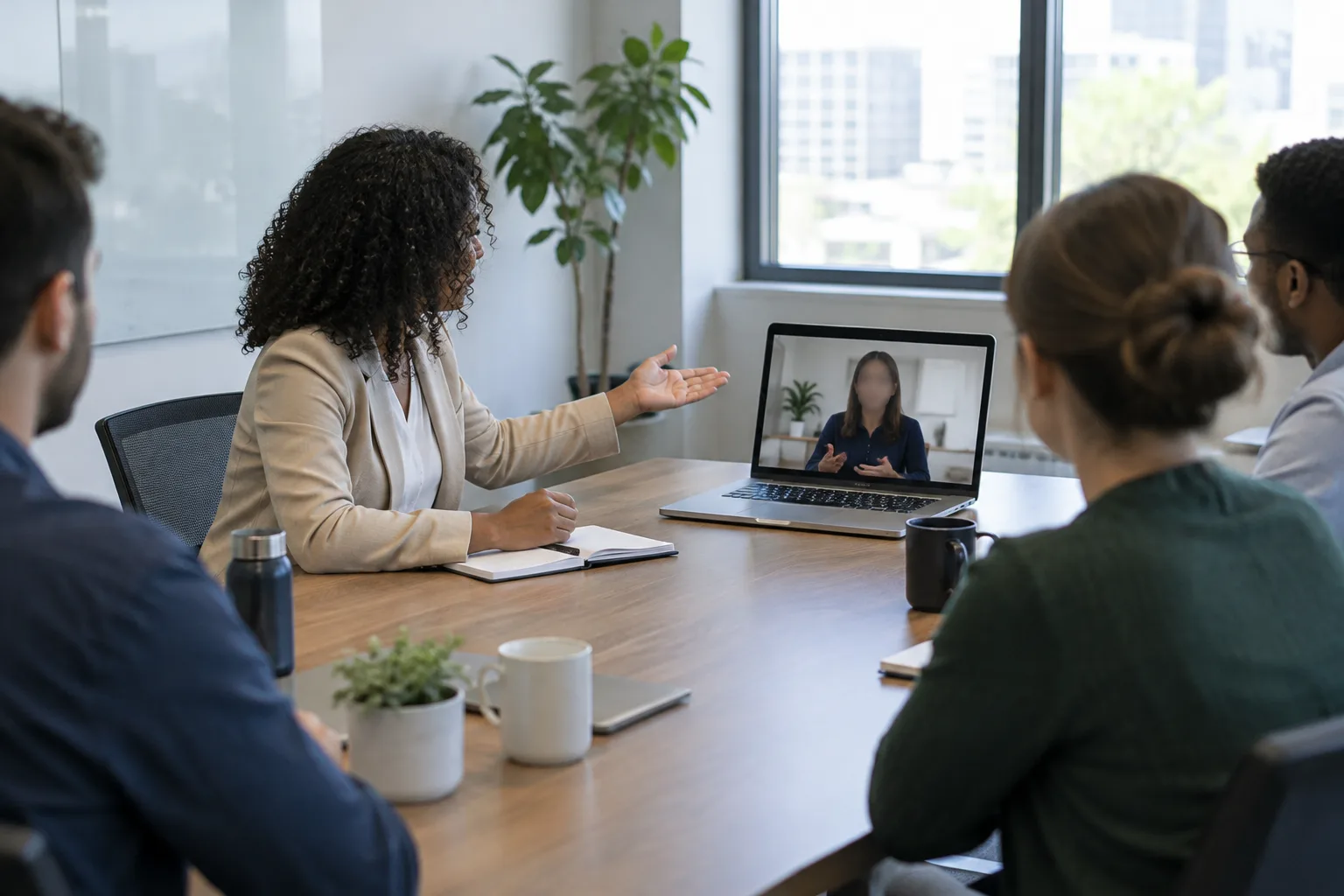 Une personne anime un échange hybride et invite une collègue connectée à prendre la parole.