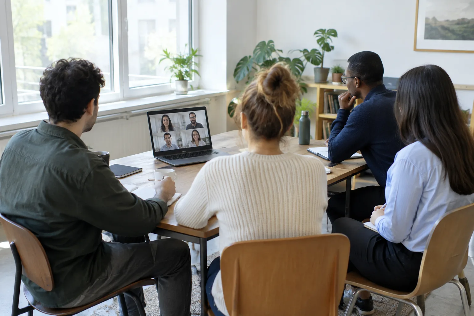 Des collègues réunis autour d’une table échangent avec une personne connectée à distance.