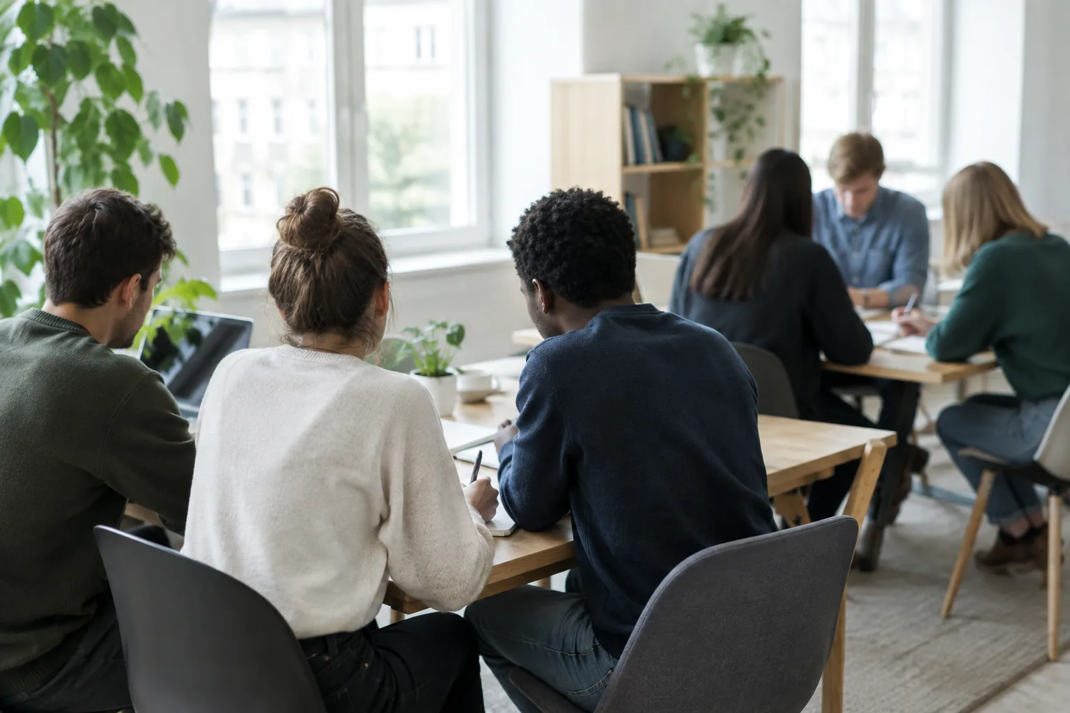 Deux équipes échangent autour d’une table dans un espace de travail lumineux.