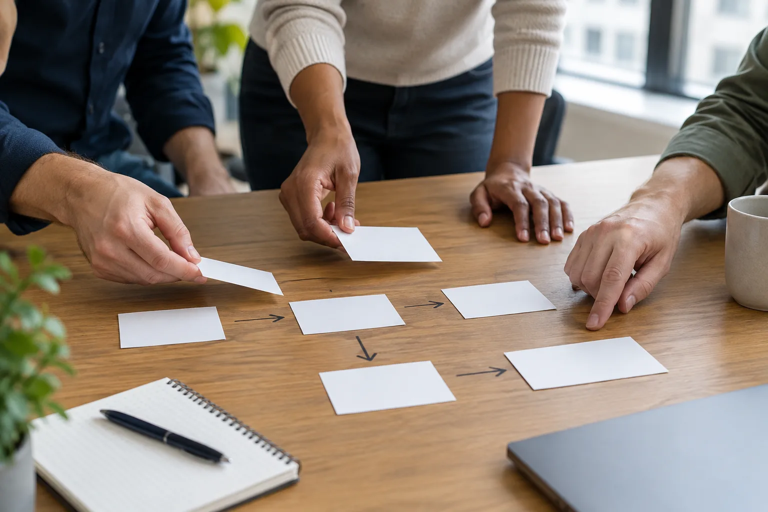 Des mains disposent des cartes vierges sur une table pour préparer un essai de travail.