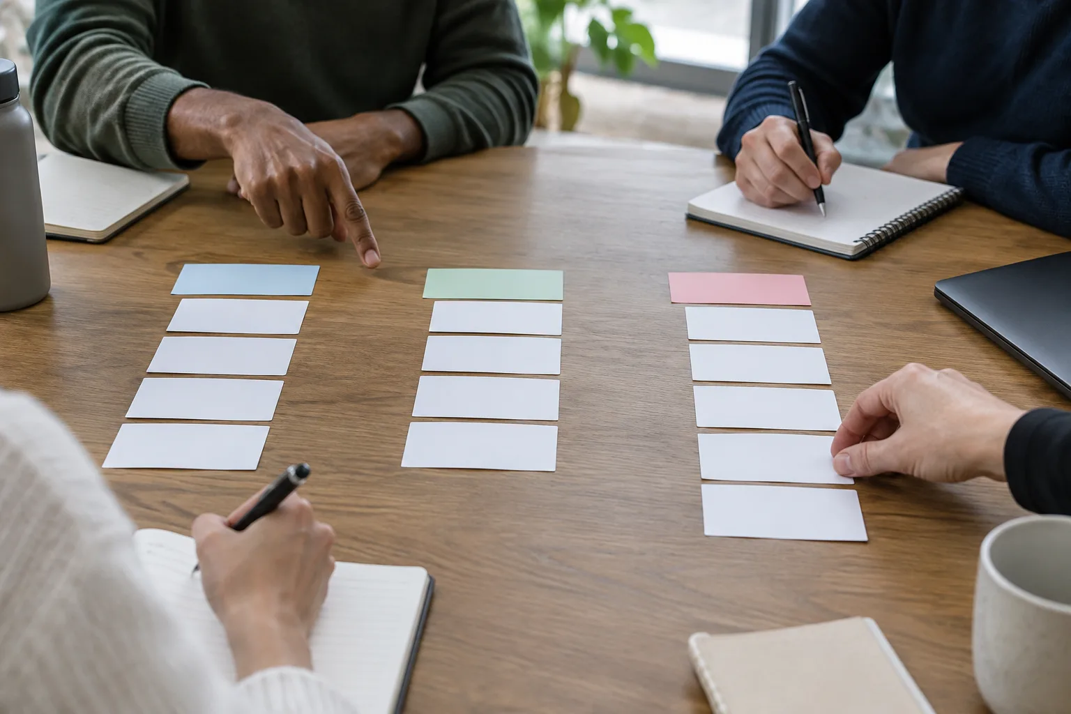 Des mains organisent des cartes vierges sur une table de réunion pour examiner différents points de vue.