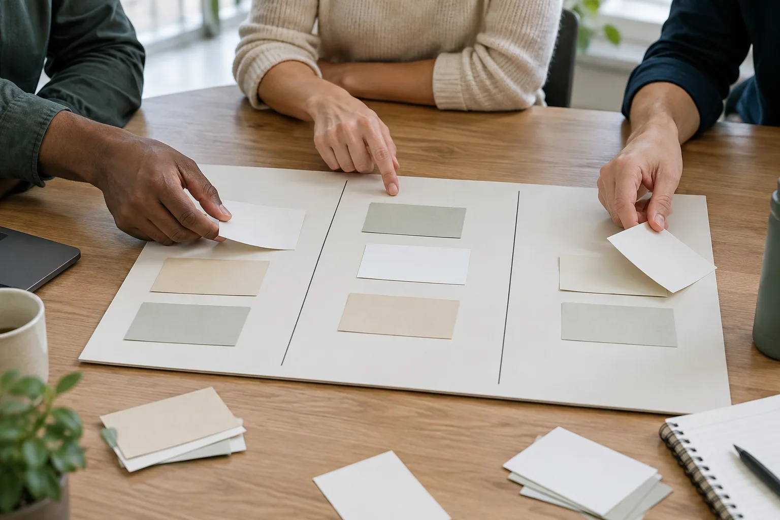 Des mains organisent des cartes sur un tableau de travail partagé.