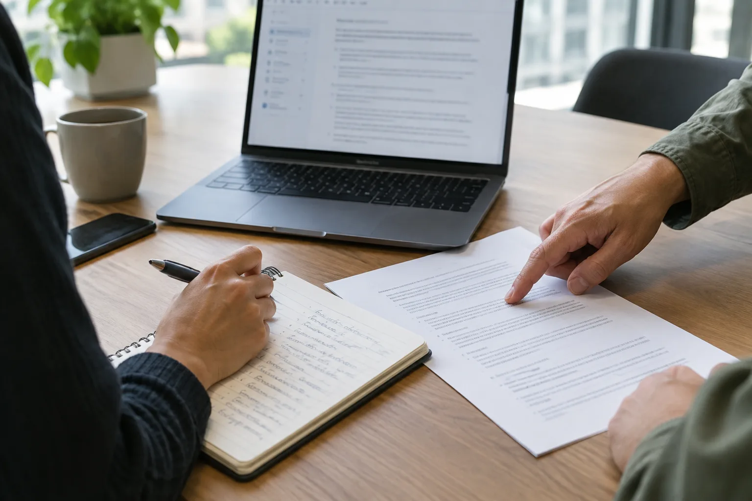 Des mains comparent un document affiché sur un ordinateur à des notes prises pendant une réunion.