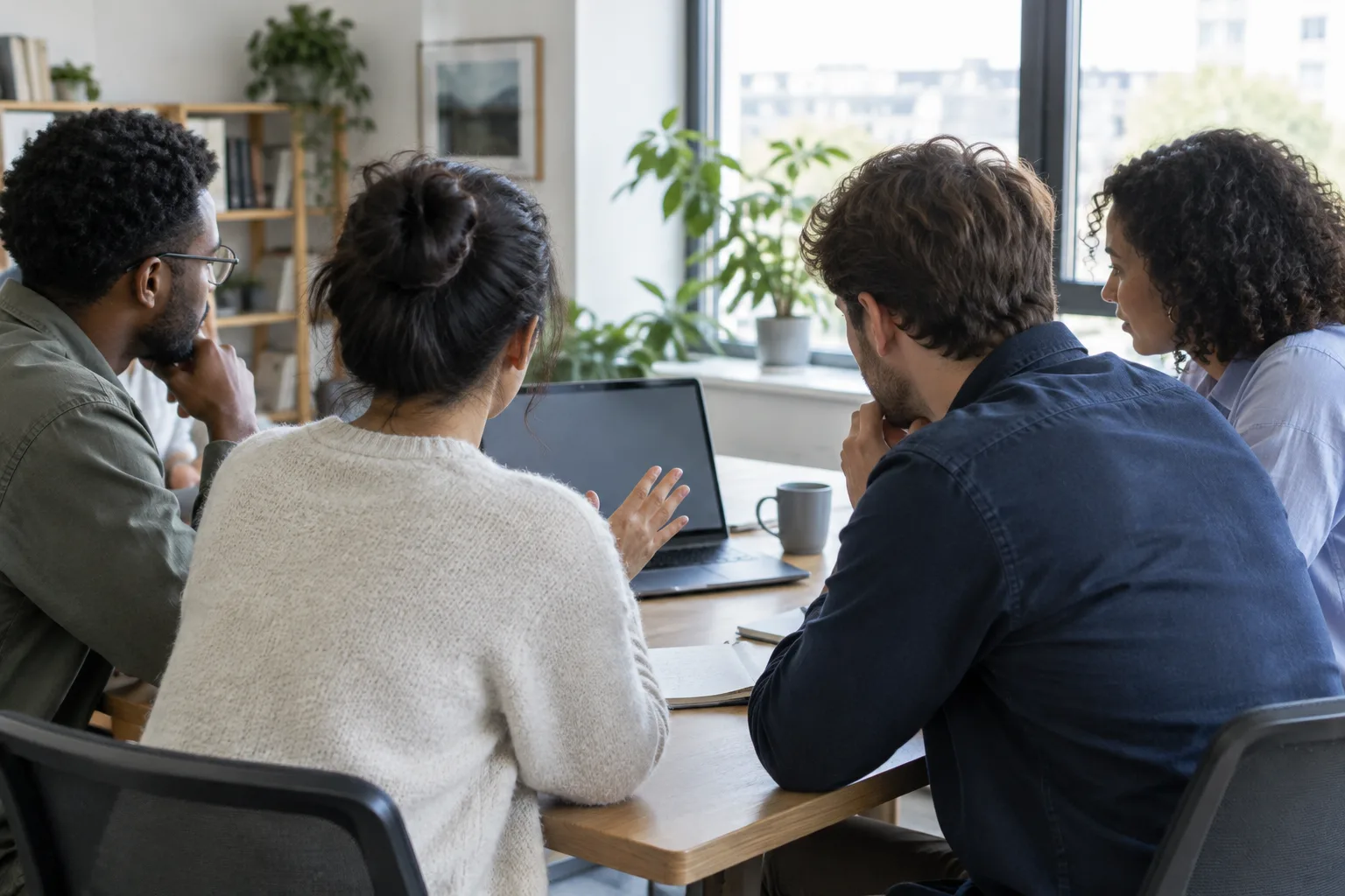 Des collègues examinent ensemble une tâche sur un ordinateur portable lors d’un échange au travail.