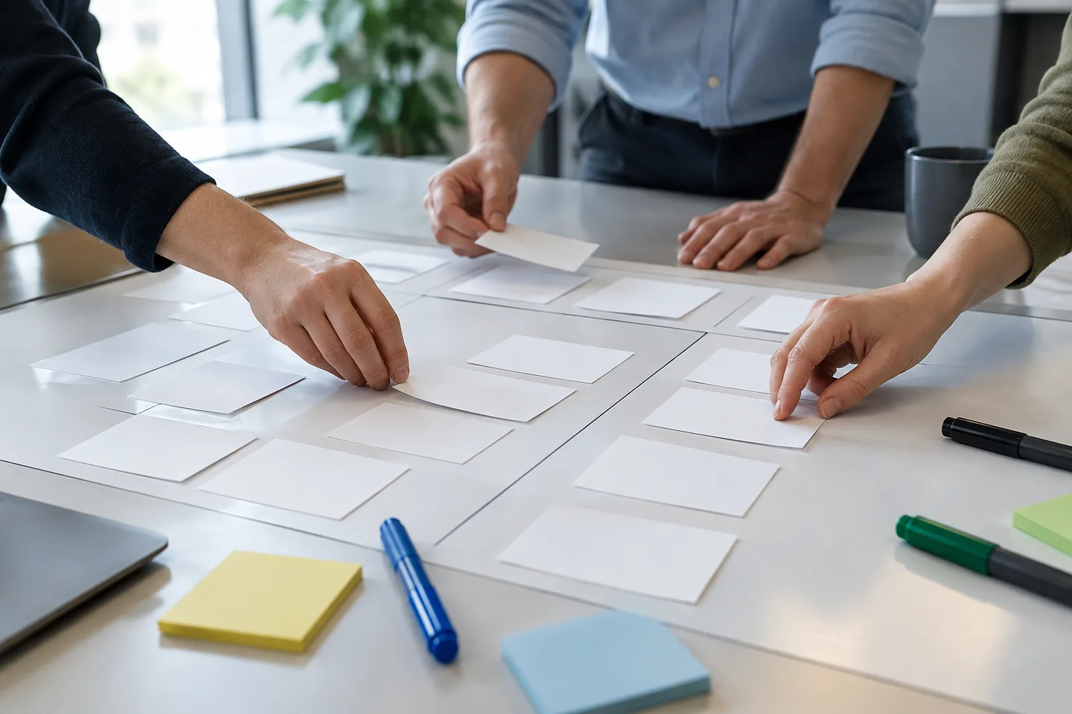Des mains organisent des cartes vierges sur un tableau partagé pendant un échange d’équipe.