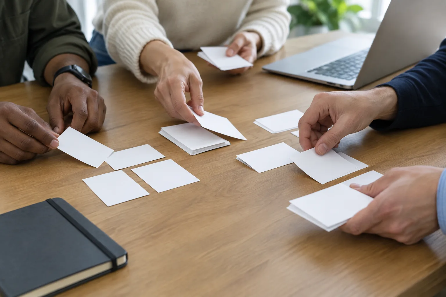 Des mains regroupent des cartes vierges sur une table pendant un temps de travail collectif.