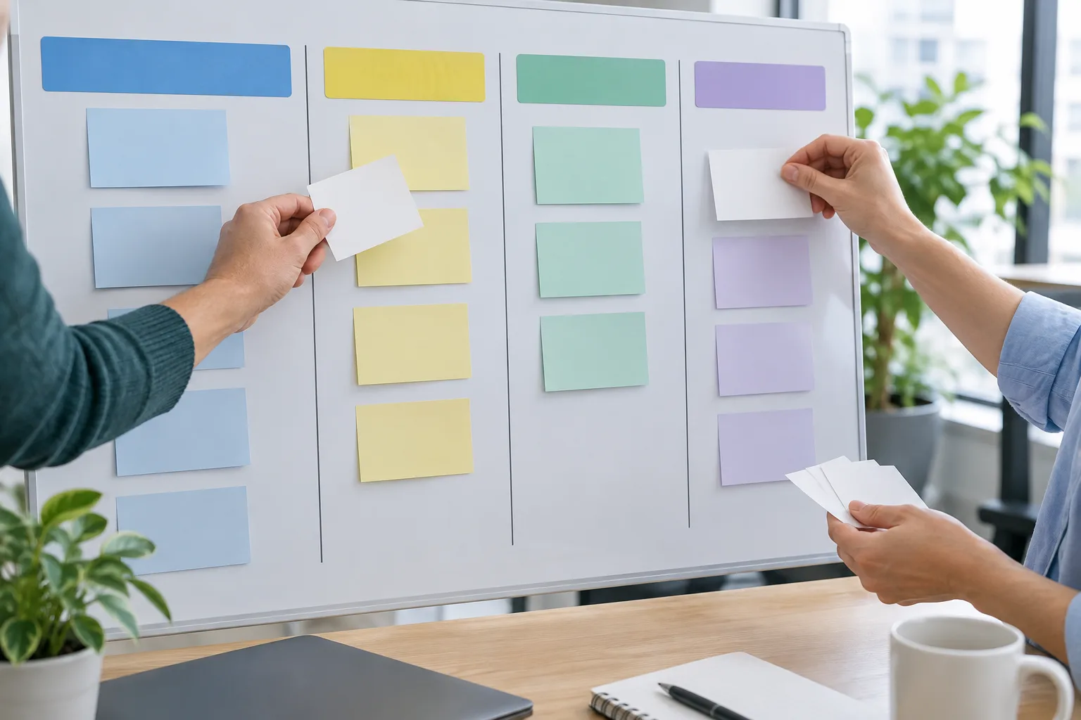 Des mains organisent des cartes vierges sur un tableau de suivi partagé.