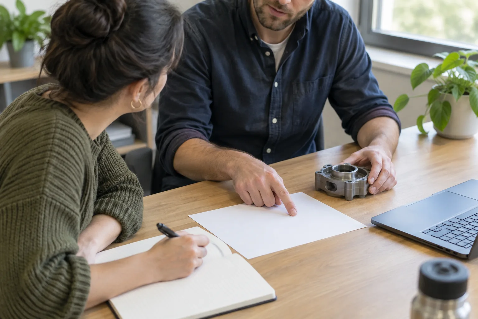 Une personne montre une tâche à un collègue qui observe et prend des notes.