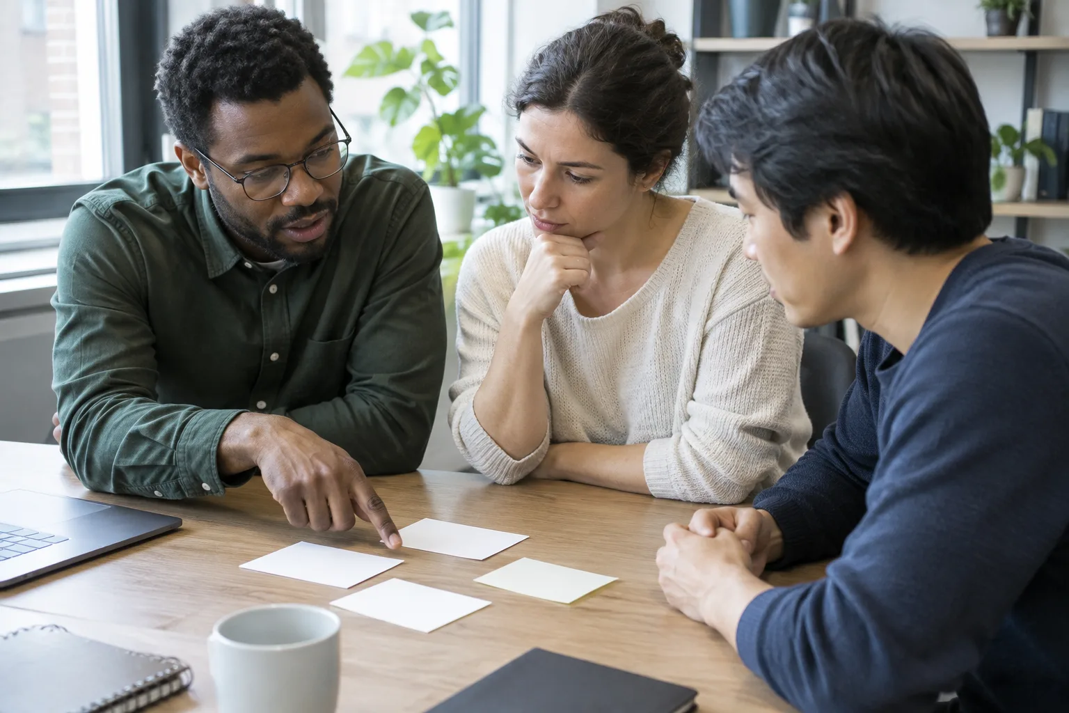 Trois collègues examinent ensemble des notes sur des situations de travail.