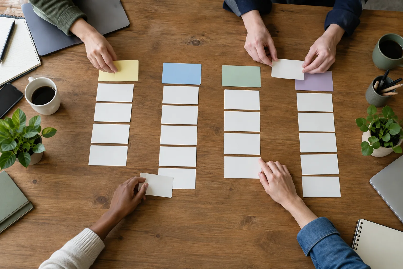 Des mains organisent des cartes vierges sur une table pour distinguer différents temps de travail.