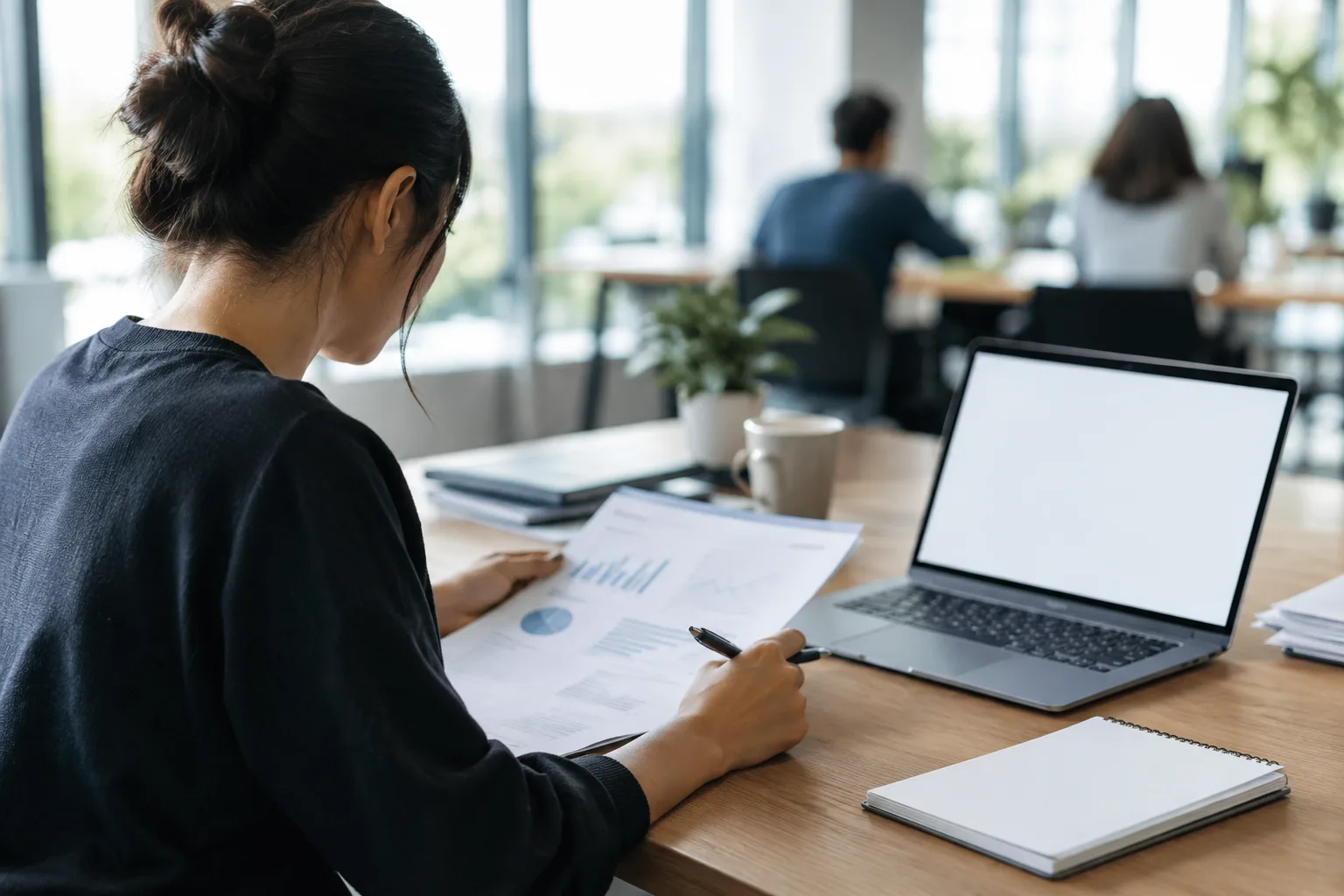 Une personne se concentre sur un dossier à son bureau, dans un espace de travail partagé.