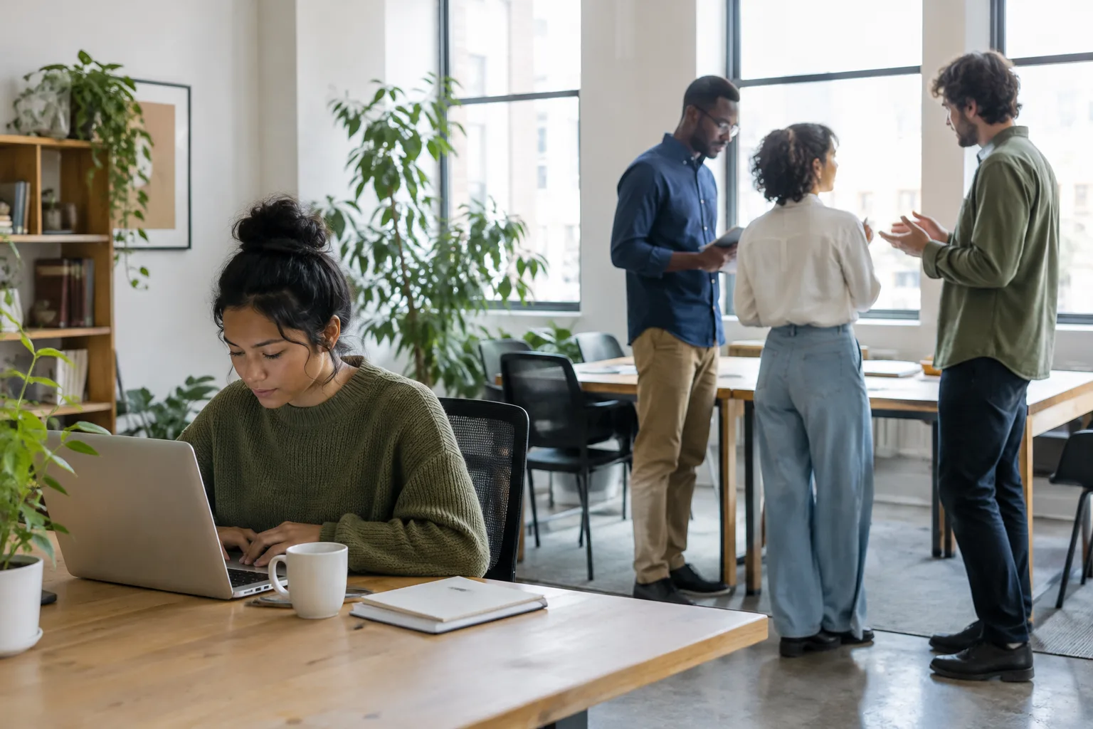 Une personne travaille avec concentration tandis que des collègues échangent à proximité.