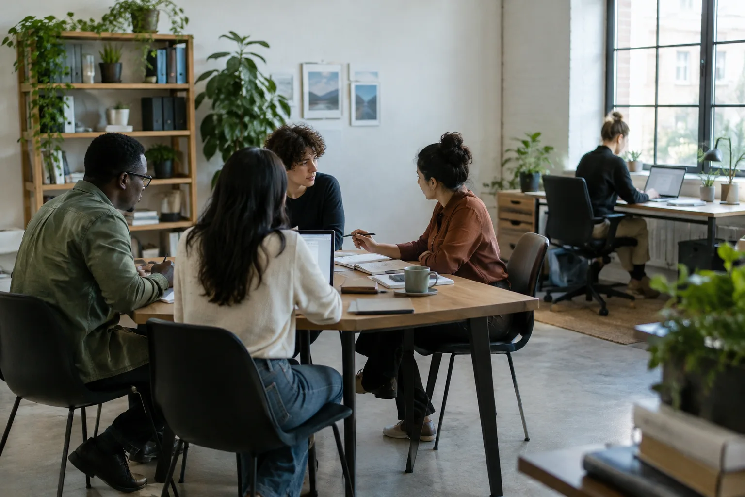 Des collègues organisent leur travail dans un bureau où une personne se concentre à l’écart des échanges.