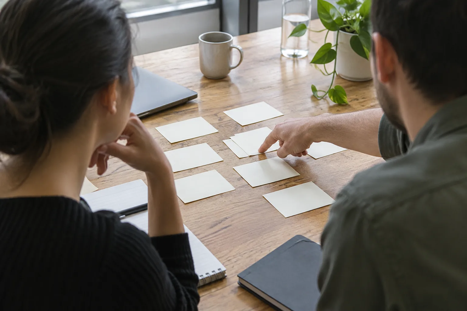 Des cartes vierges regroupées sur une table pour représenter des tâches et leurs liens.