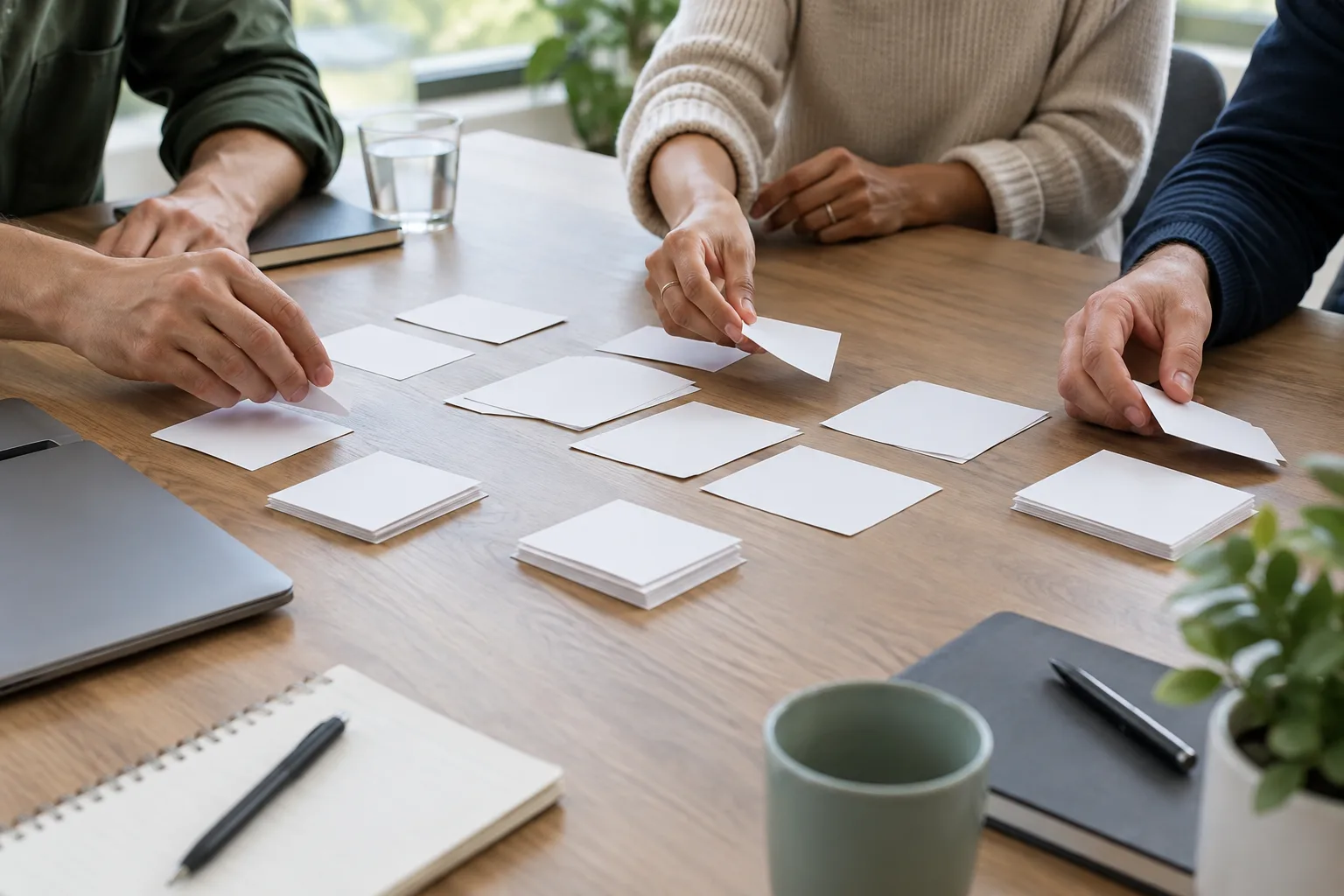 Des mains répartissent des cartes vierges en plusieurs groupes sur une table.