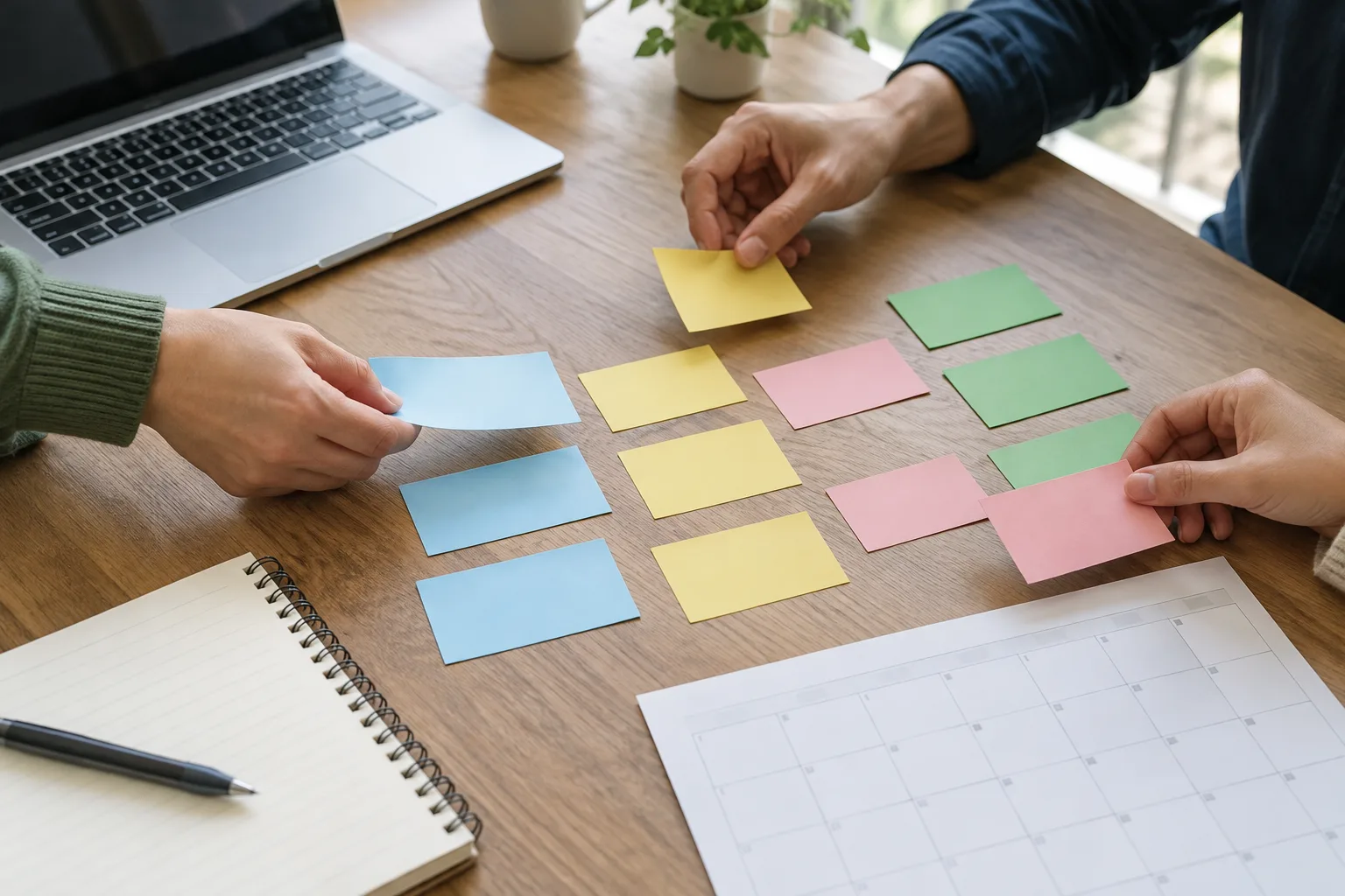 Des mains classent des cartes vierges près d’un ordinateur pour organiser les échanges de travail.