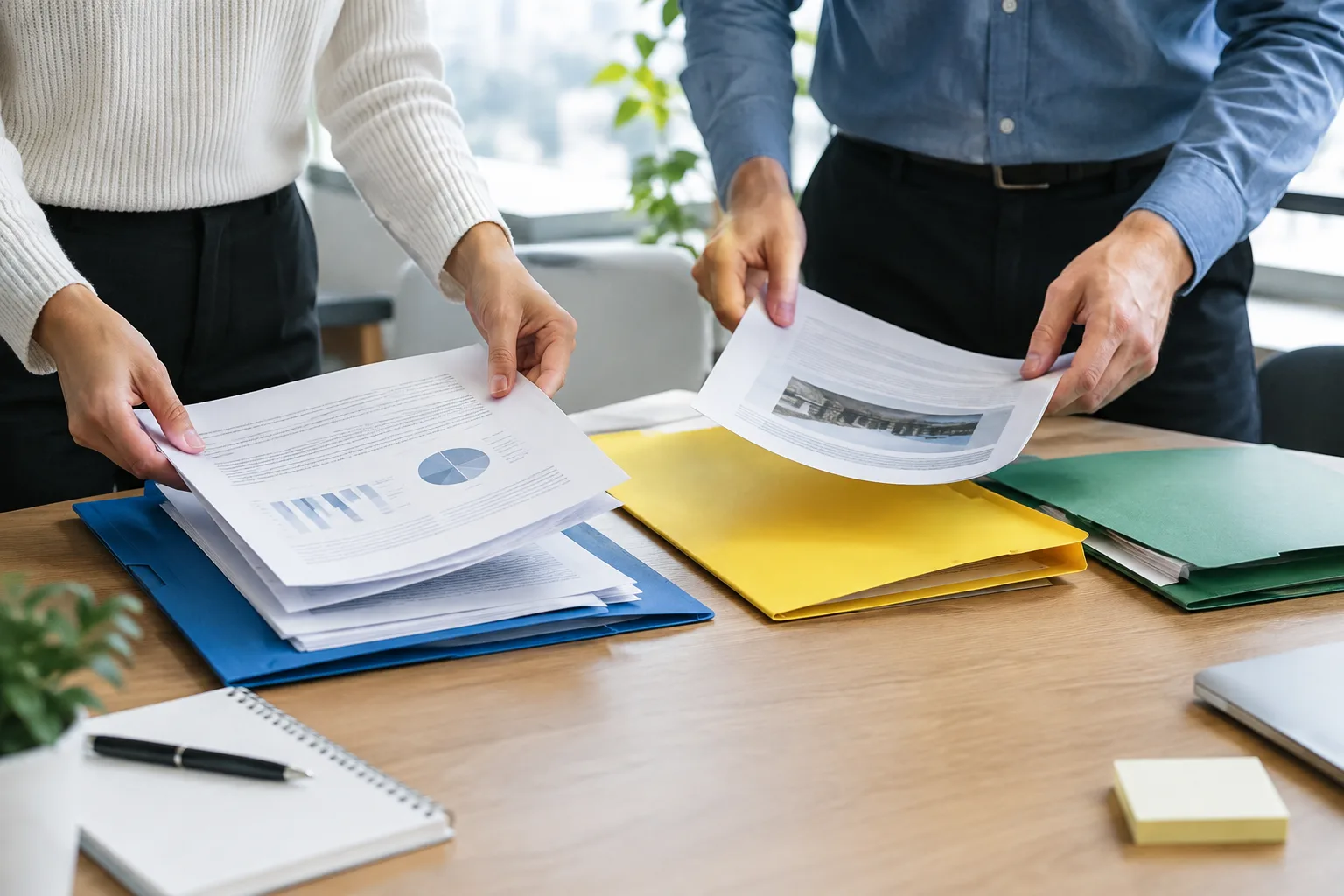 Des collègues examinent des documents et les répartissent dans des dossiers sur une table.