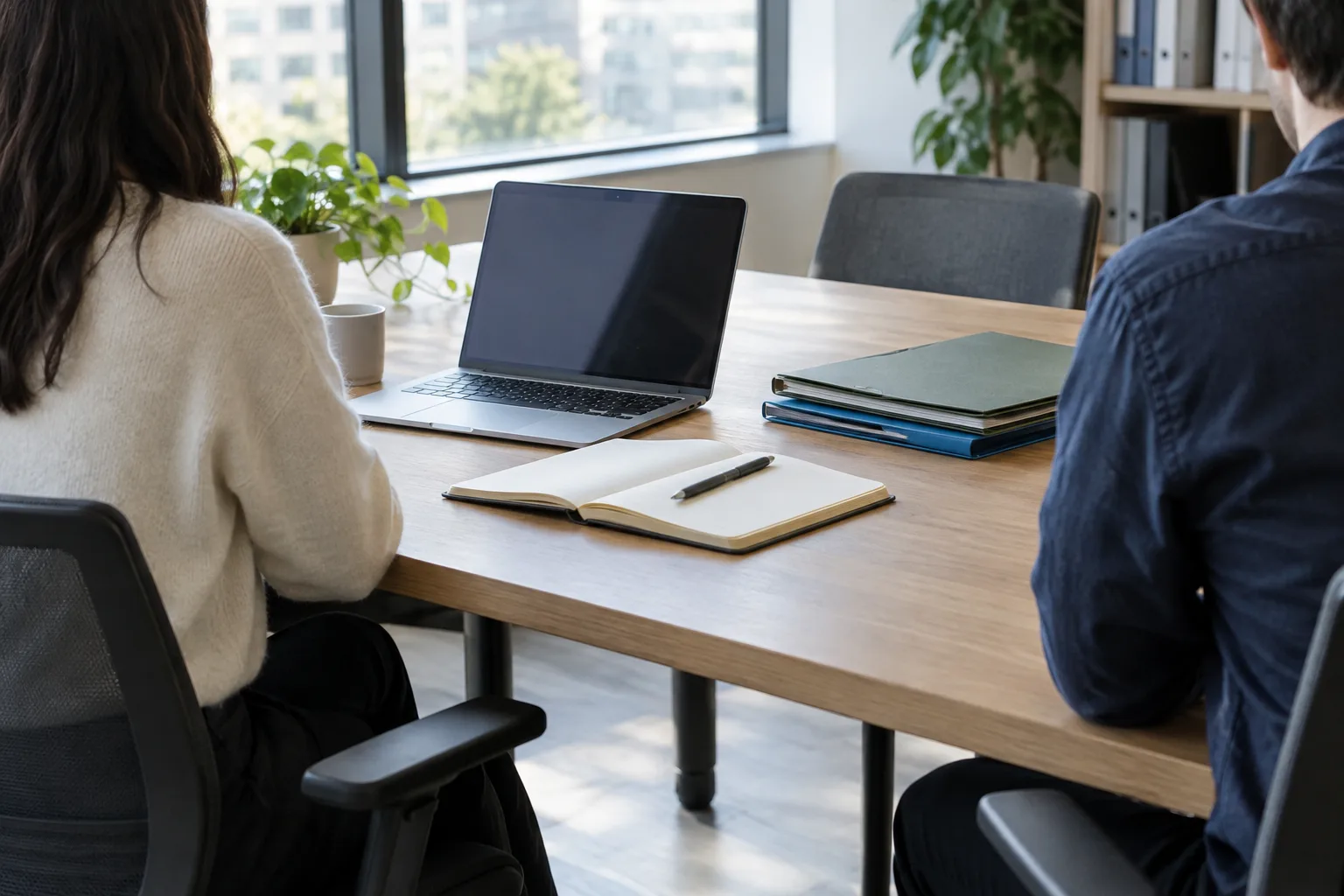 Un espace de travail partagé avec un ordinateur, un carnet et des dossiers rangés sur une table.