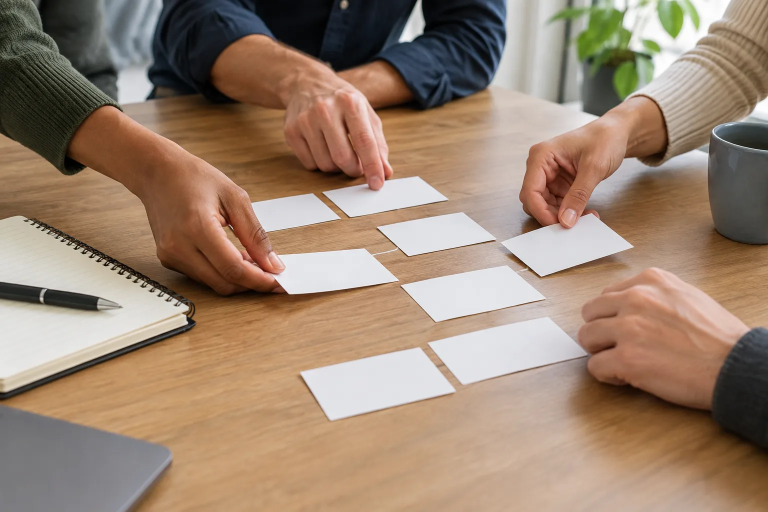 Des mains organisent des cartes vierges pour reconstituer les étapes d’une situation professionnelle.