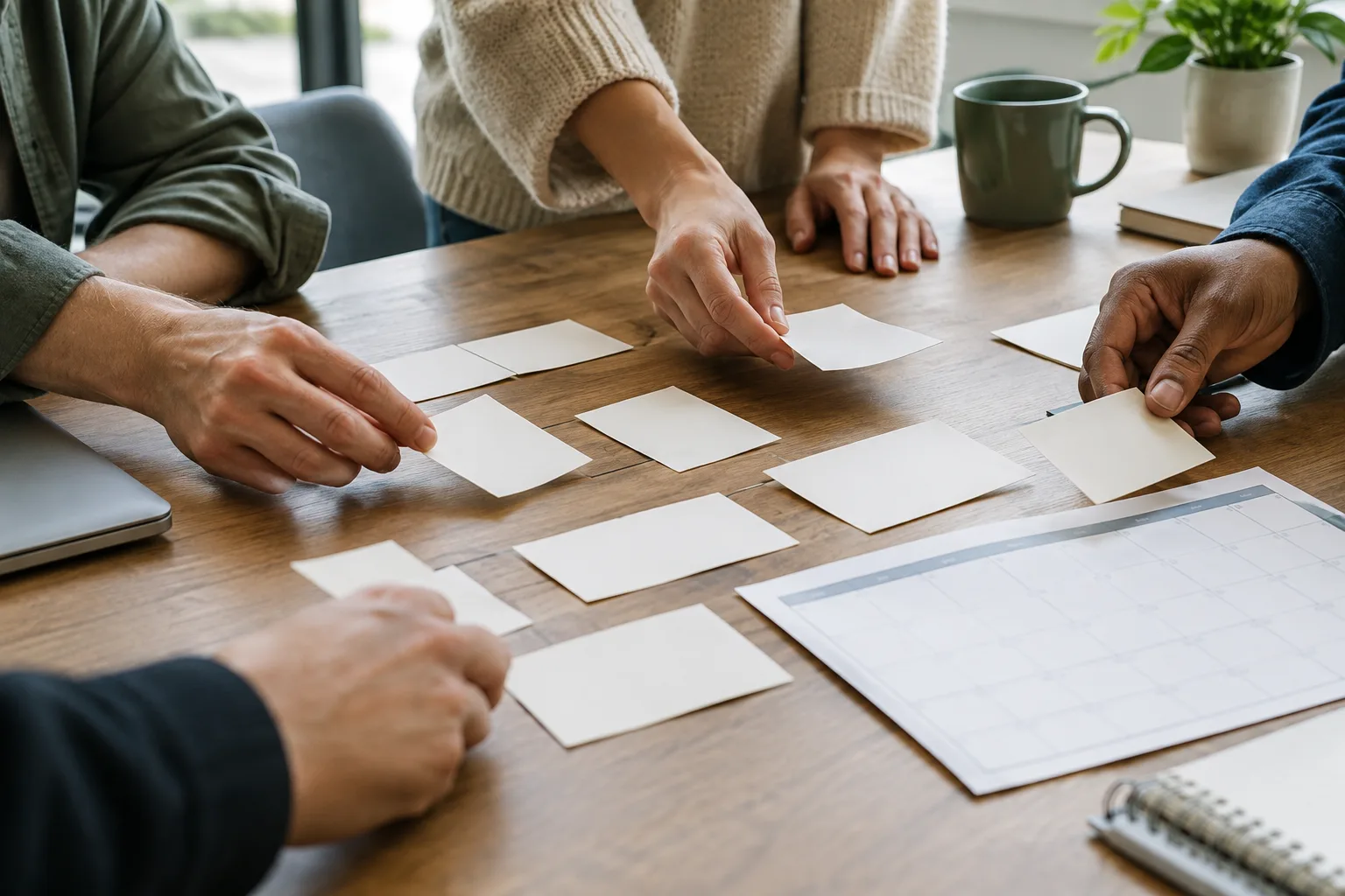 Des mains déplacent des cartes vierges sur une table pour comparer des échéances.