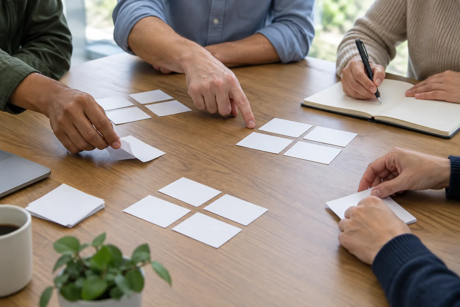 Des collègues classent des cartes vierges pendant un atelier sur les priorités.