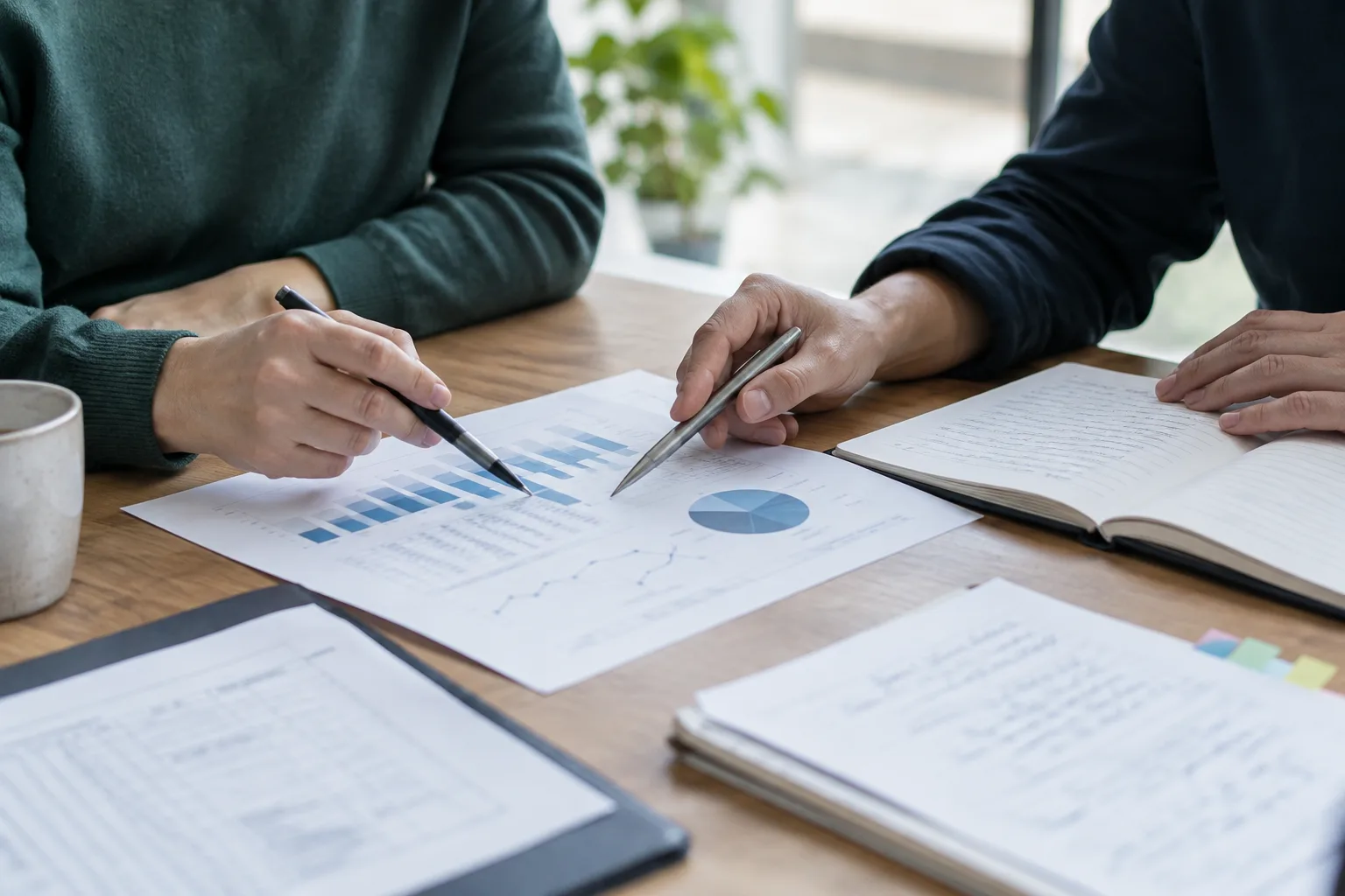 Des mains rapprochent un graphique imprimé et des notes de suivi sur une table.
