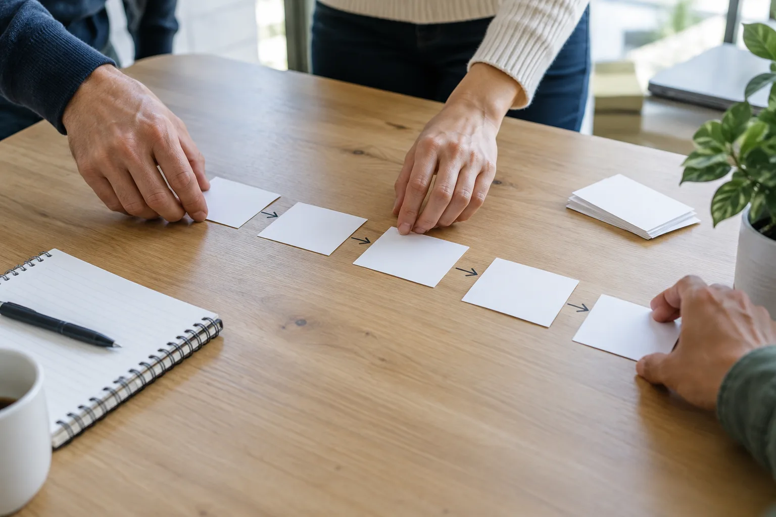Des mains déplacent des cartes sans texte pour organiser les étapes d’un processus de travail.