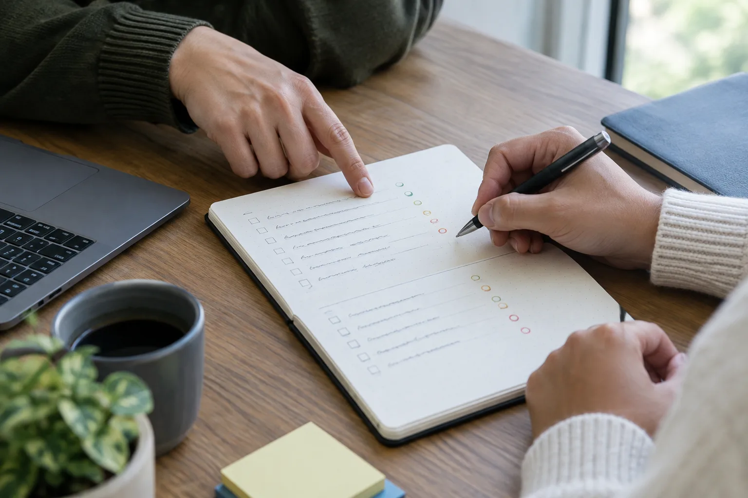 Deux personnes mettent à jour ensemble un support de suivi sur une table de travail.