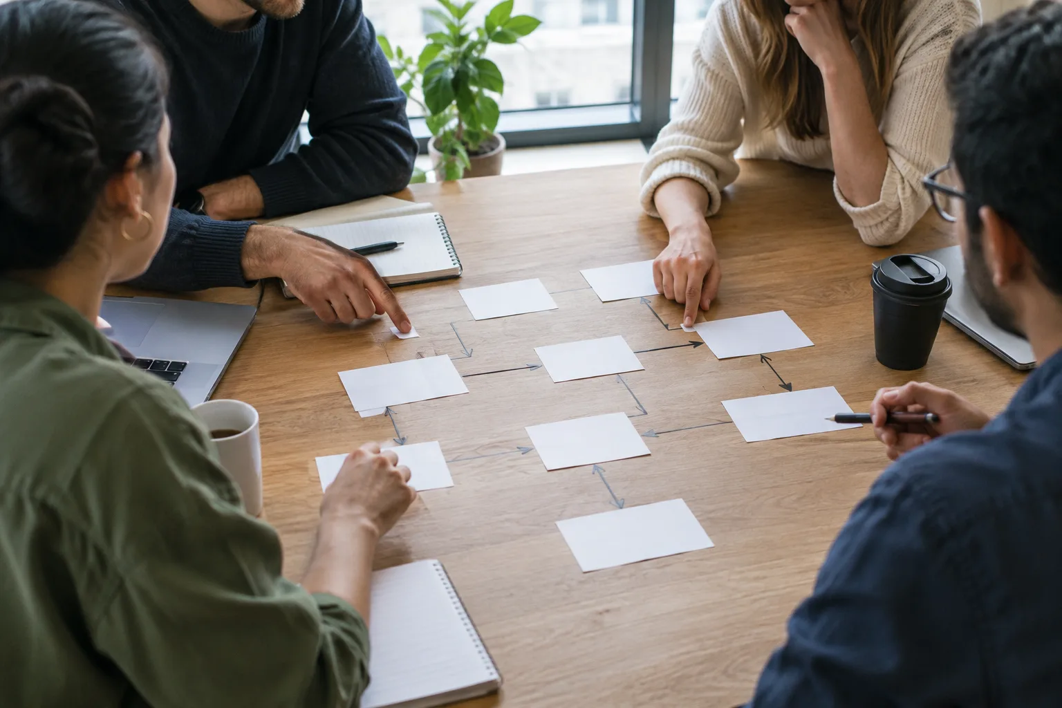 Des collègues suivent ensemble le parcours d’une demande représenté par des cartes posées sur une table.