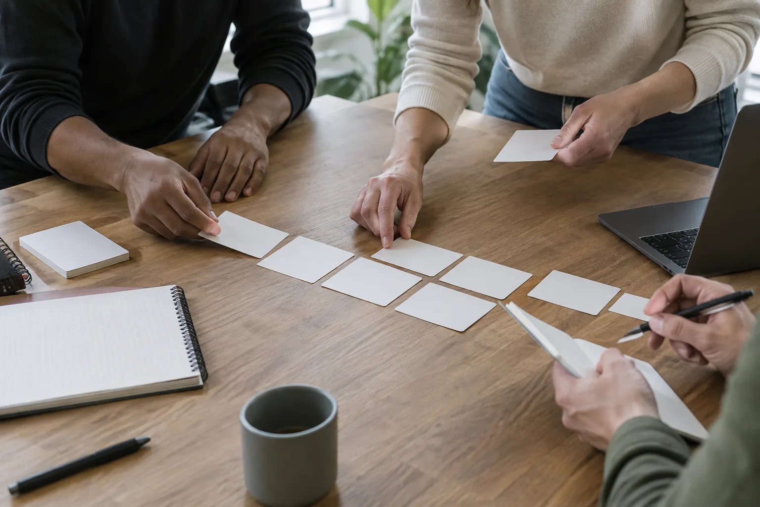 Des collègues disposent des cartes vierges sur une table pour représenter les étapes d’une activité.