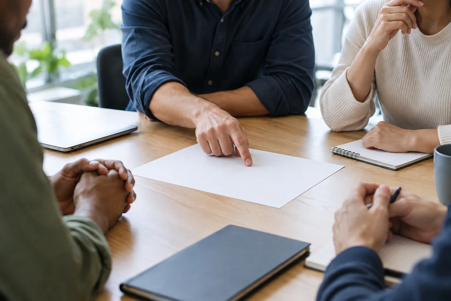 Des mains autour d’une table accompagnent une discussion sur les rôles dans une décision collective.