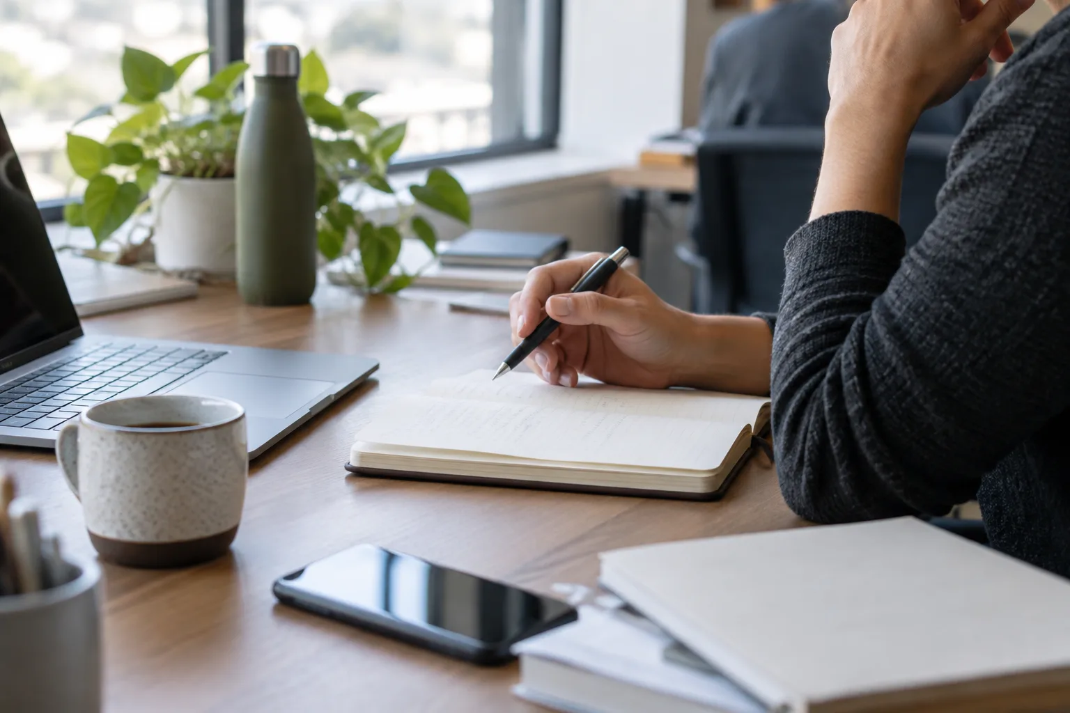 Une personne rassemble des notes et des documents de travail pour réfléchir aux compétences qu’elle mobilise.