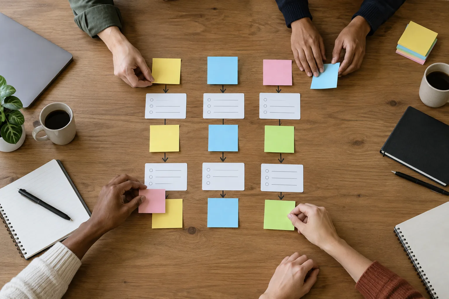 Des mains déplacent des cartes vierges sur une table pour représenter la répartition des tâches.