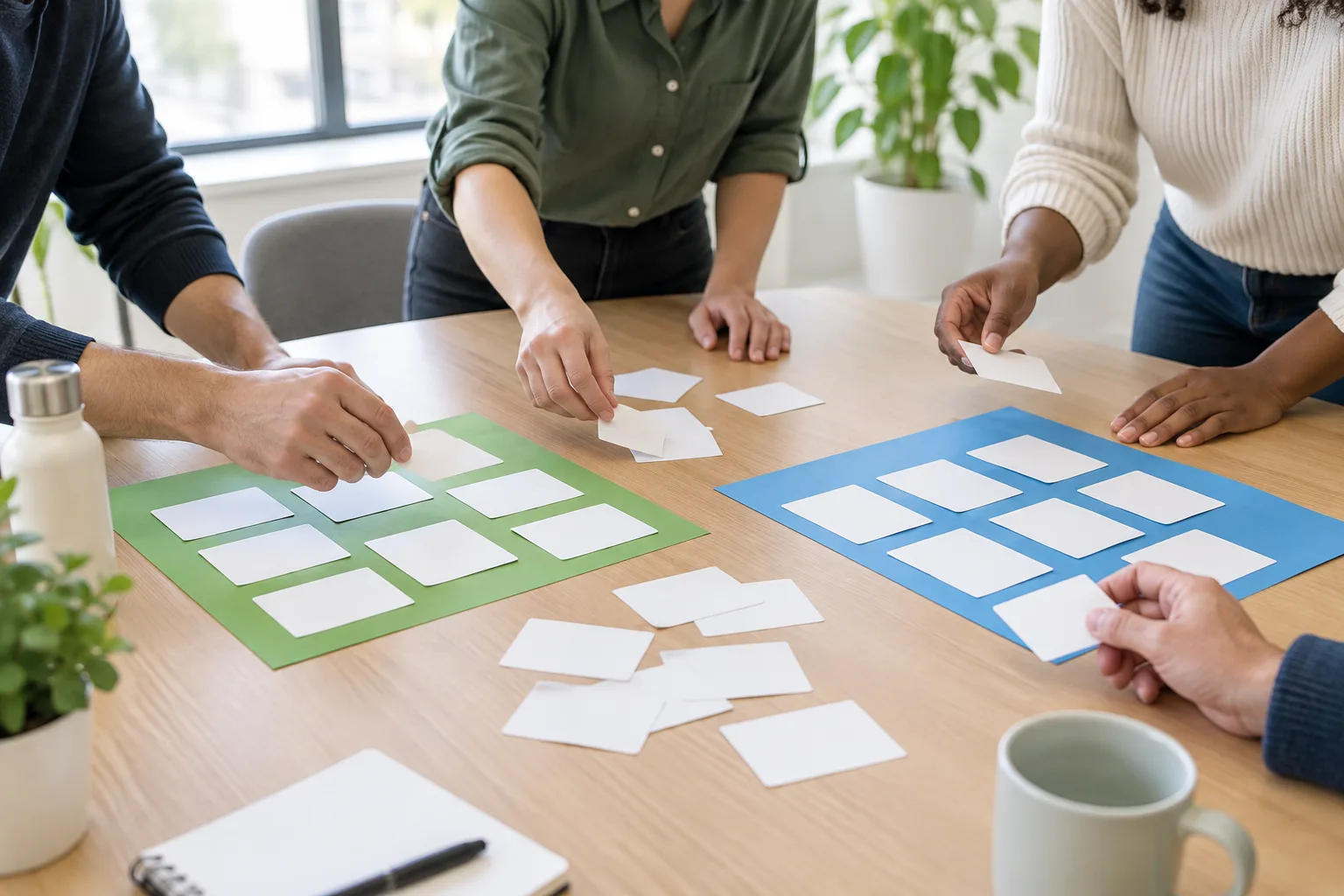 Des collègues organisent des cartes vierges sur une table pour préparer leurs temps de travail communs.
