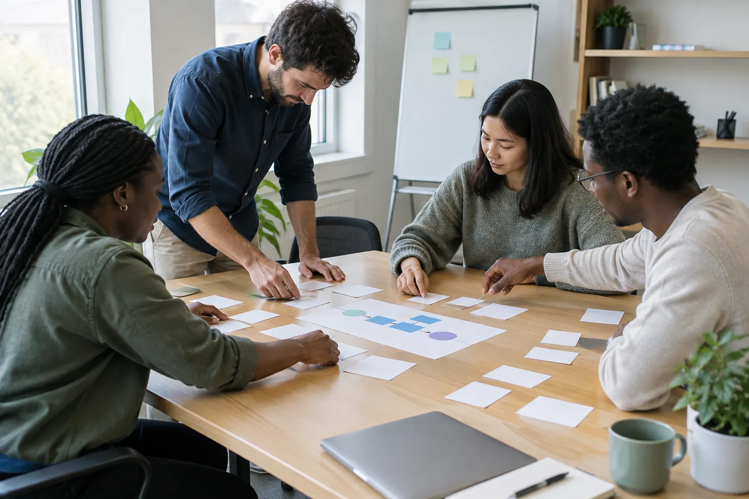 Des collègues organisent des cartes autour d’une table pour rendre visibles les étapes d’un travail collectif.