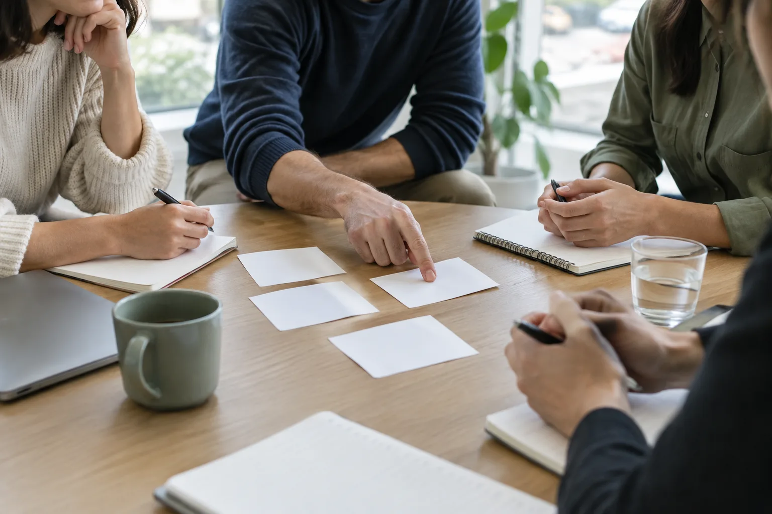 Des membres d’une équipe examinent ensemble des notes après avoir testé une nouvelle règle de travail.